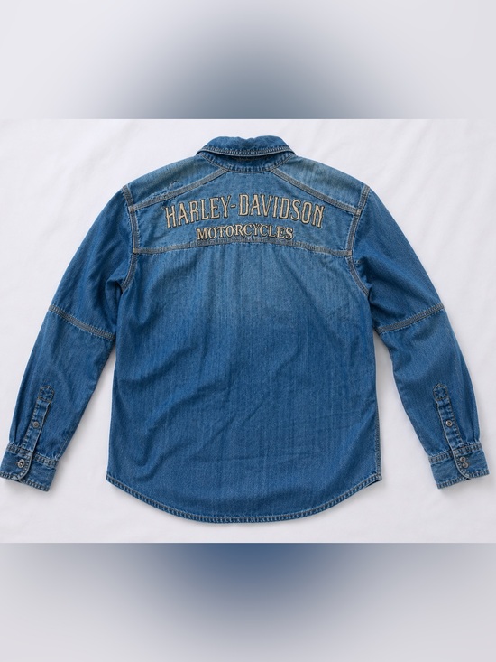 Harley-Davidson Tops - Harley‎ Davidson Denim Snap Shirt XL Embroidered Logo Biker Western Distressed